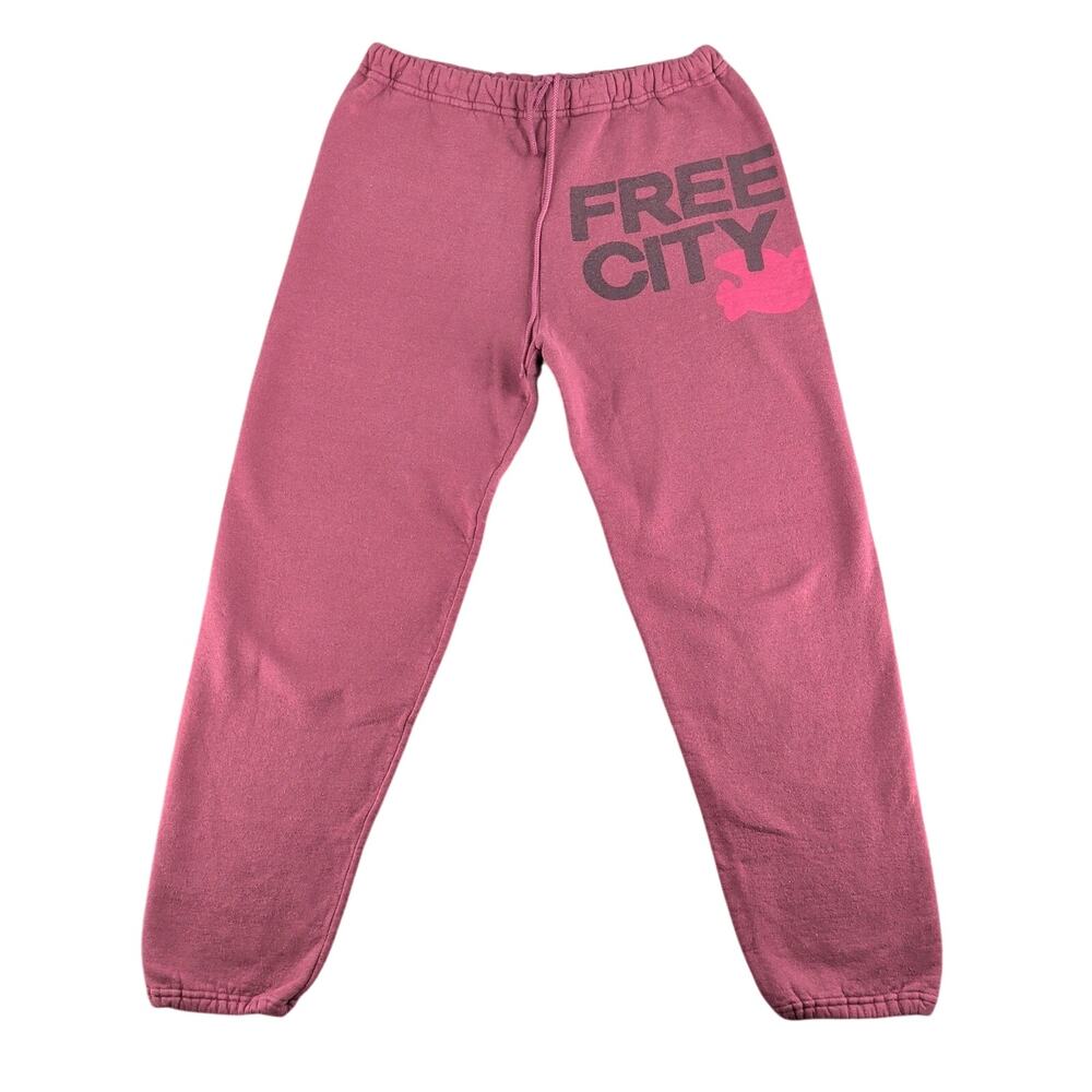 Free City Sweatpants Joggers S Burgundy Bird Logo Print Cotton Fleece